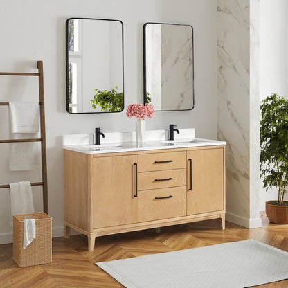 Vinnova, Gara 60M" Free-standing Double Bath Vanity in Washed Ash Grey with White Grain Composite Stone Top