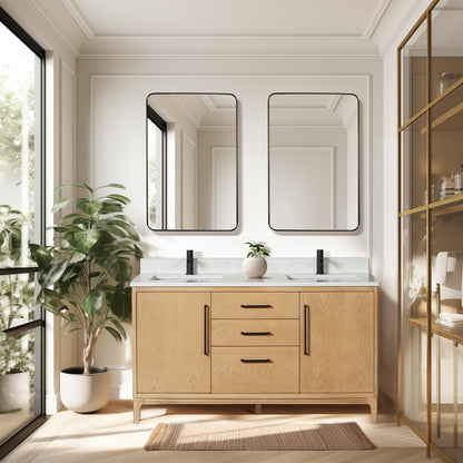Vinnova, Gara 60M" Free-standing Double Bath Vanity in Washed Ash Grey with White Grain Composite Stone Top and Mirror