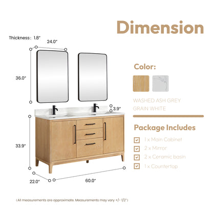 Vinnova, Gara 60M" Free-standing Double Bath Vanity in Washed Ash Grey with White Grain Composite Stone Top and Mirror