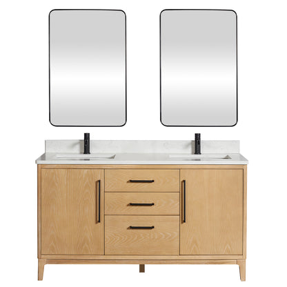 Vinnova, Gara 60M" Free-standing Double Bath Vanity in Washed Ash Grey with White Grain Composite Stone Top and Mirror