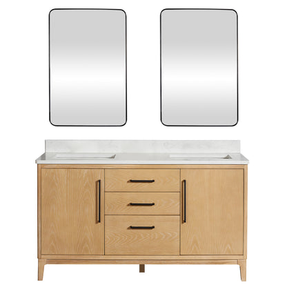 Vinnova, Gara 60M" Free-standing Double Bath Vanity in Washed Ash Grey with White Grain Composite Stone Top and Mirror