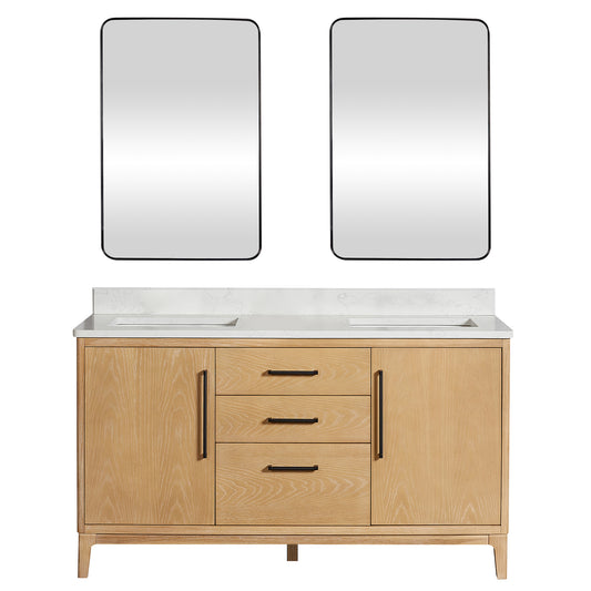 Vinnova, Gara 60M" Free-standing Double Bath Vanity in Washed Ash Grey with White Grain Composite Stone Top and Mirror