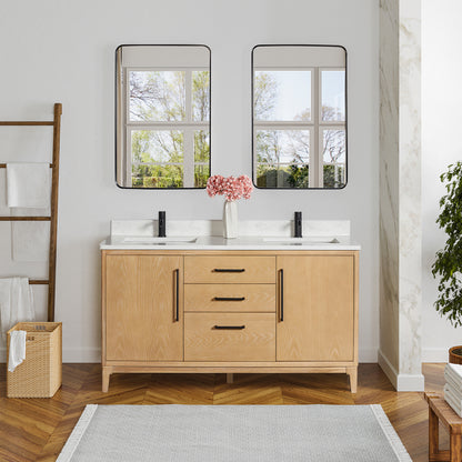 Vinnova, Gara 60M" Free-standing Double Bath Vanity in Washed Ash Grey with White Grain Composite Stone Top and Mirror