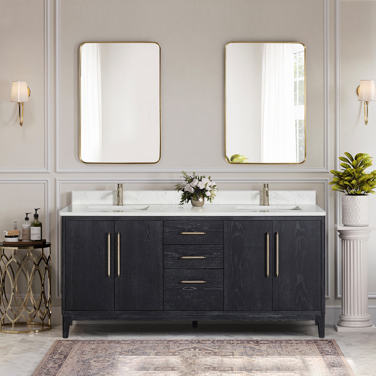 Vinnova, Gara 72" Free-standing Double Bath Vanity in Fir Wood Black with White Grain Composite Stone Top