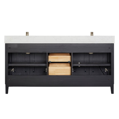 Vinnova, Gara 72" Free-standing Double Bath Vanity in Fir Wood Black with White Grain Composite Stone Top