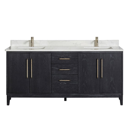 Vinnova, Gara 72" Free-standing Double Bath Vanity in Fir Wood Black with White Grain Composite Stone Top