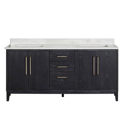 Vinnova, Gara 72" Free-standing Double Bath Vanity in Fir Wood Black with White Grain Composite Stone Top