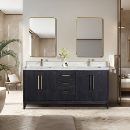 Vinnova, Gara 72" Free-standing Double Bath Vanity in Fir Wood Black with White Grain Composite Stone Top