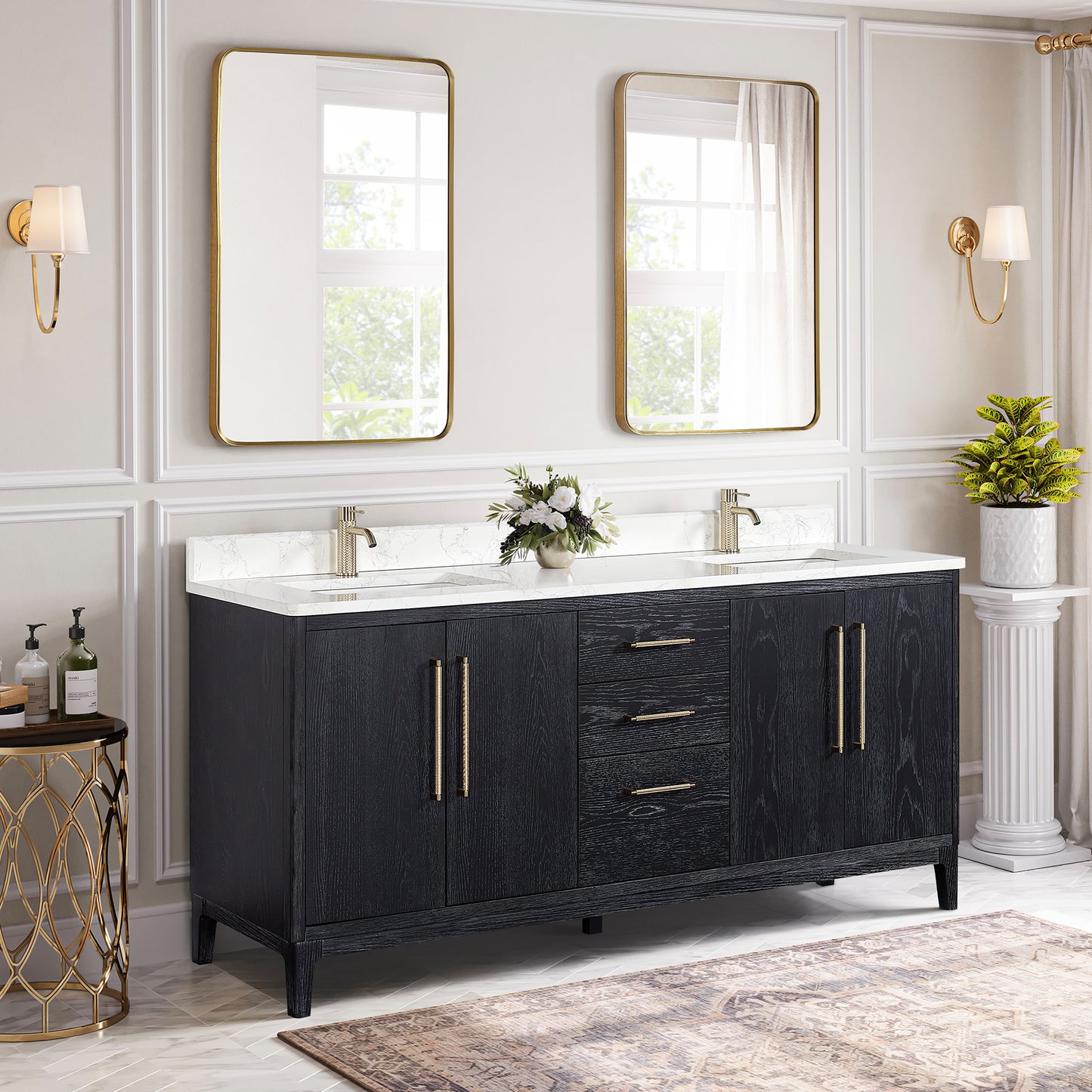 Vinnova, Gara 72" Free-standing Double Bath Vanity in Fir Wood Black with White Grain Composite Stone Top