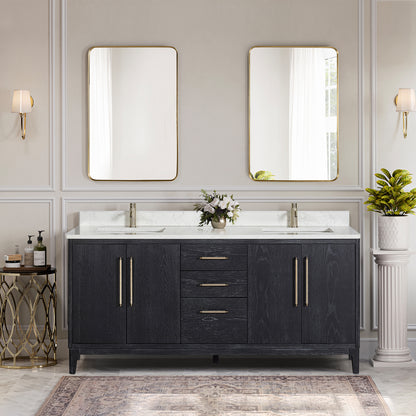 Vinnova, Gara 72" Free-standing Double Bath Vanity in Fir Wood Black with White Grain Composite Stone Top and Mirror