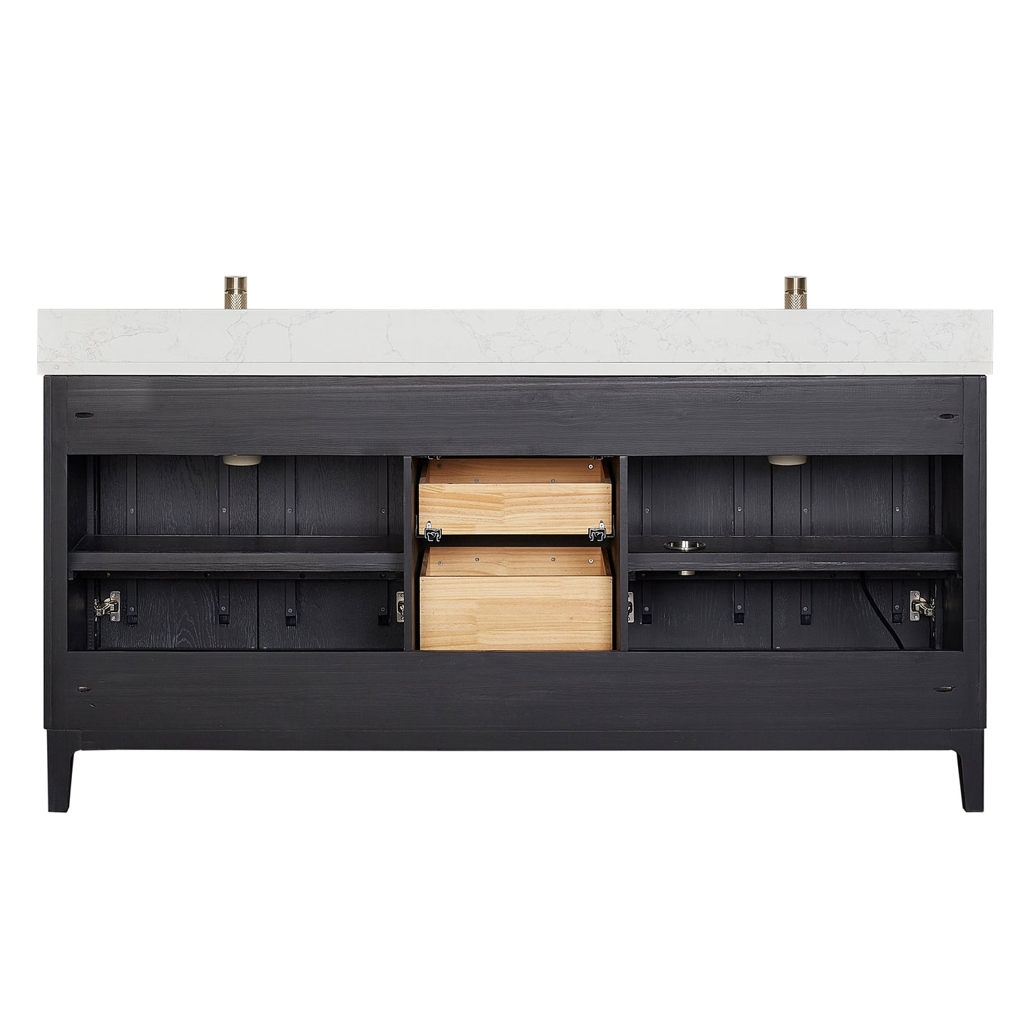 Vinnova, Gara 72" Free-standing Double Bath Vanity in Fir Wood Black with White Grain Composite Stone Top and Mirror