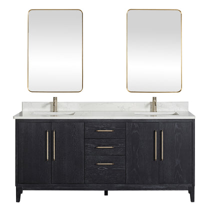Vinnova, Gara 72" Free-standing Double Bath Vanity in Fir Wood Black with White Grain Composite Stone Top and Mirror