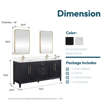 Vinnova, Gara 72" Free-standing Double Bath Vanity in Fir Wood Black with White Grain Composite Stone Top and Mirror