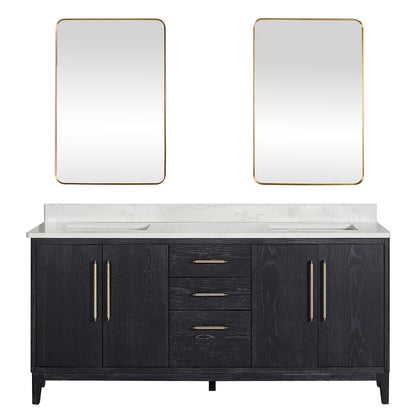 Vinnova, Gara 72" Free-standing Double Bath Vanity in Fir Wood Black with White Grain Composite Stone Top and Mirror