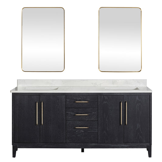 Vinnova, Gara 72" Free-standing Double Bath Vanity in Fir Wood Black with White Grain Composite Stone Top and Mirror