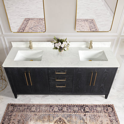 Vinnova, Gara 72" Free-standing Double Bath Vanity in Fir Wood Black with White Grain Composite Stone Top and Mirror