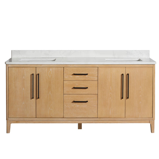 Vinnova, Gara 72" Free-standing Double Bath Vanity in Washed Ash Grey with White Grain Composite Stone Top