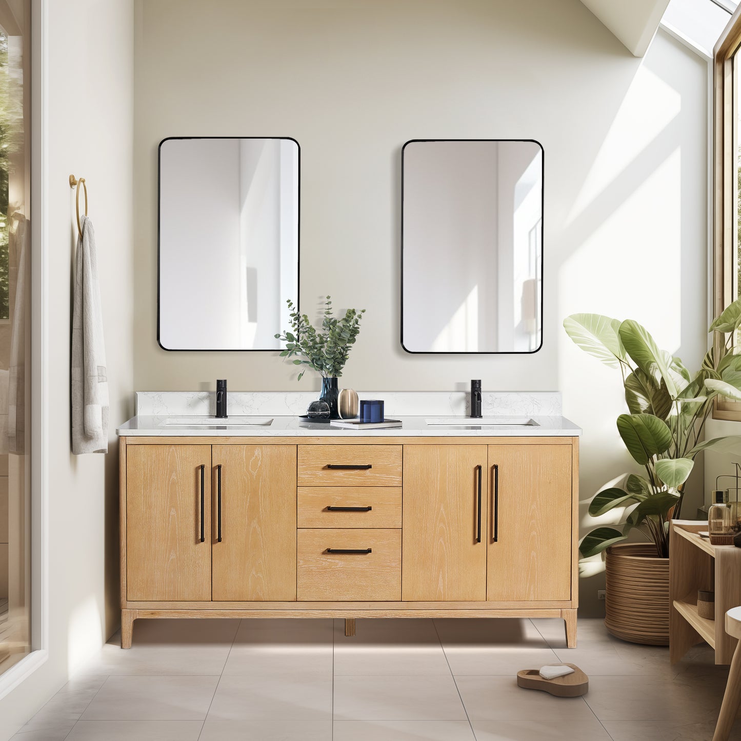 Vinnova, Gara 72" Free-standing Double Bath Vanity in Washed Ash Grey with White Grain Composite Stone Top and Mirror
