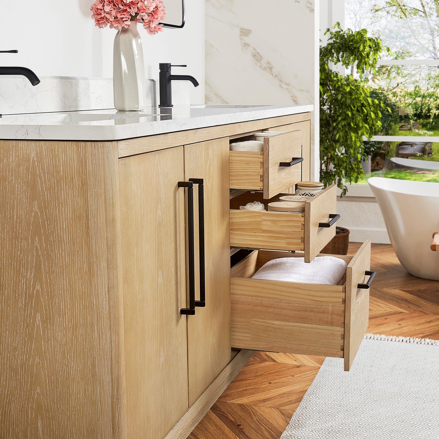 Vinnova, Gara 72" Free-standing Double Bath Vanity in Washed Ash Grey with White Grain Composite Stone Top and Mirror