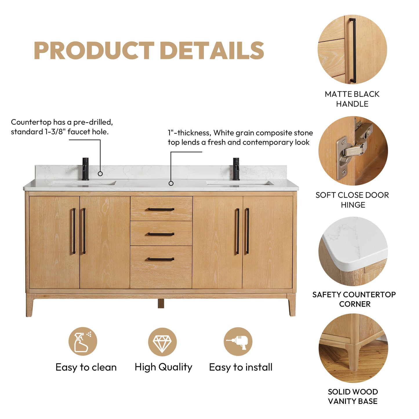 Vinnova, Gara 72" Free-standing Double Bath Vanity in Washed Ash Grey with White Grain Composite Stone Top and Mirror