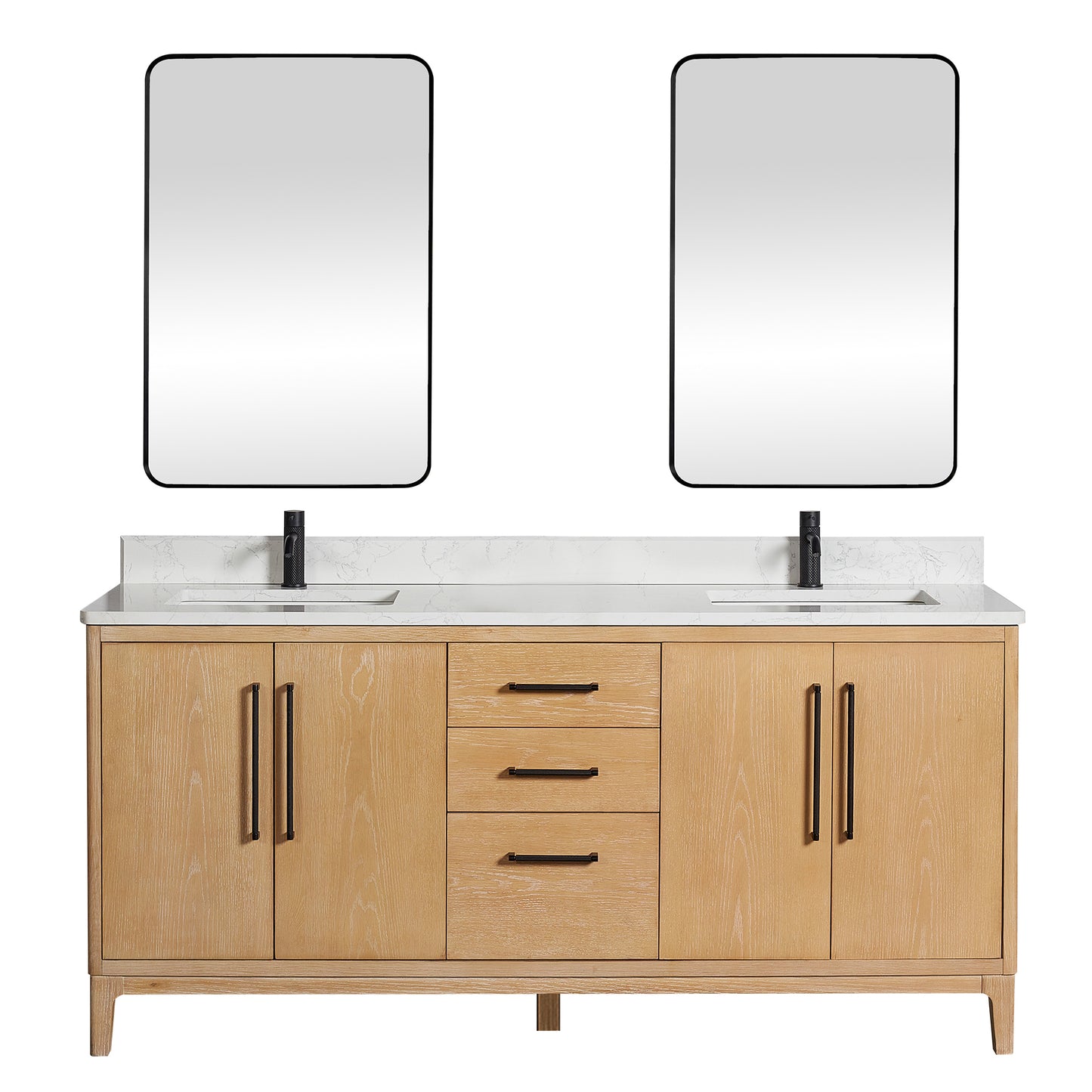 Vinnova, Gara 72" Free-standing Double Bath Vanity in Washed Ash Grey with White Grain Composite Stone Top and Mirror