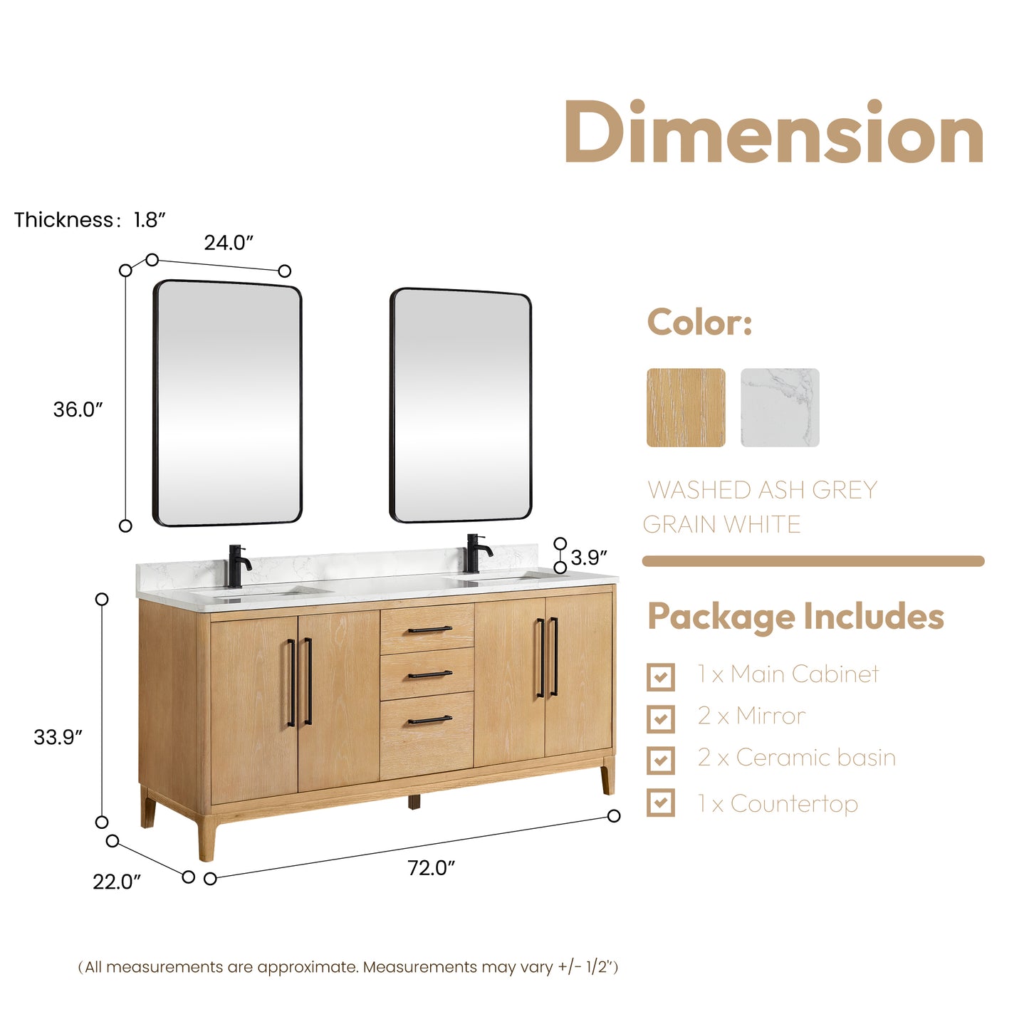 Vinnova, Gara 72" Free-standing Double Bath Vanity in Washed Ash Grey with White Grain Composite Stone Top and Mirror