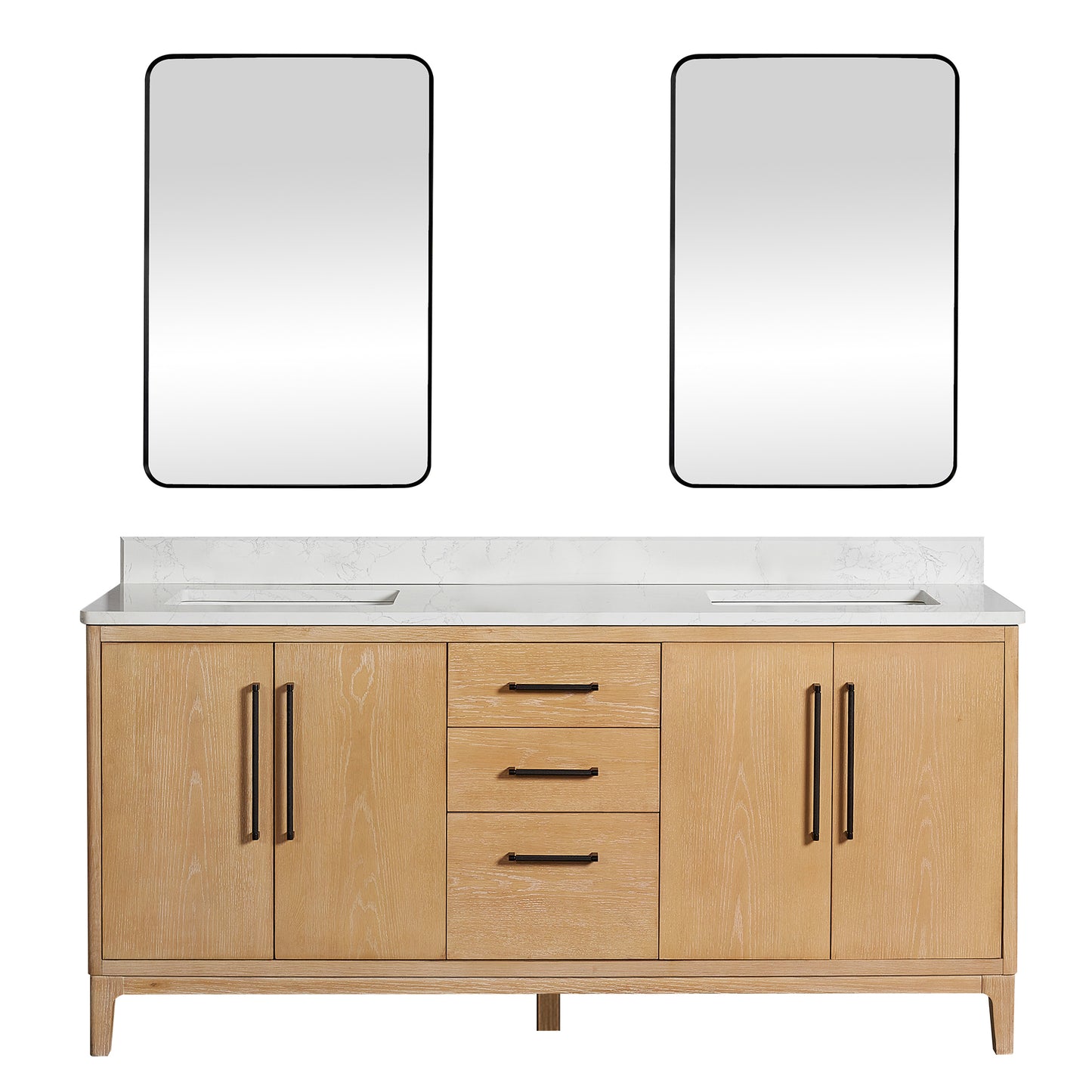 Vinnova, Gara 72" Free-standing Double Bath Vanity in Washed Ash Grey with White Grain Composite Stone Top and Mirror