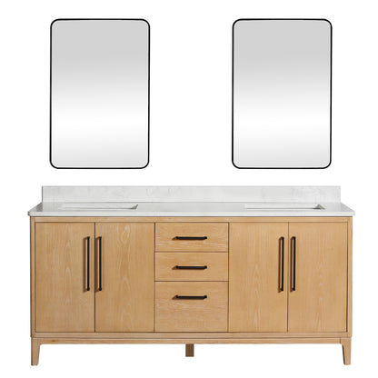 Vinnova, Gara 72" Free-standing Double Bath Vanity in Washed Ash Grey with White Grain Composite Stone Top and Mirror