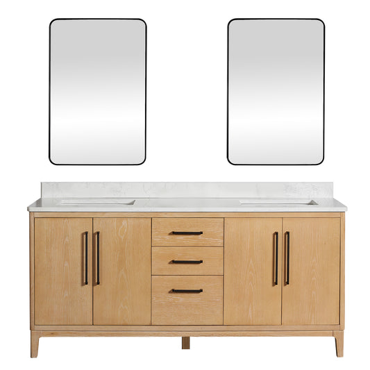 Vinnova, Gara 72" Free-standing Double Bath Vanity in Washed Ash Grey with White Grain Composite Stone Top and Mirror
