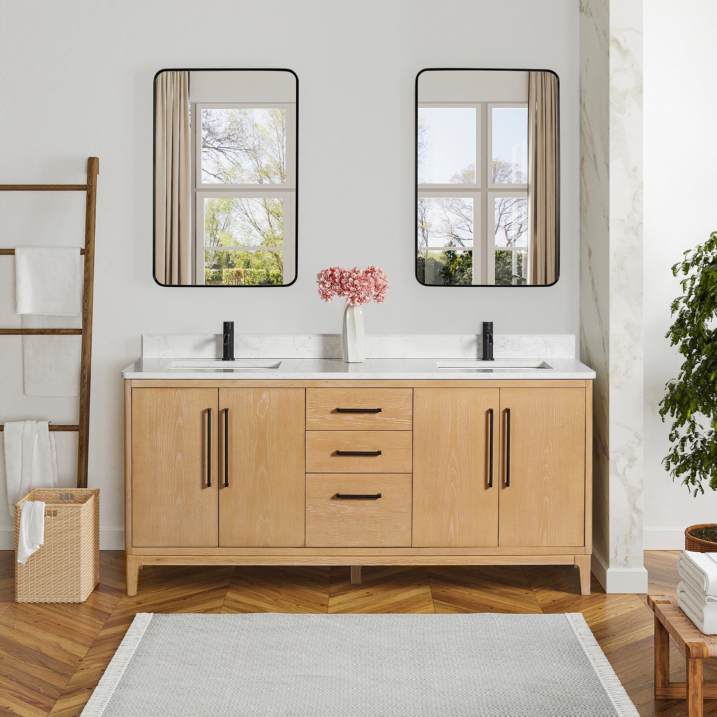 Vinnova, Gara 72" Free-standing Double Bath Vanity in Washed Ash Grey with White Grain Composite Stone Top and Mirror