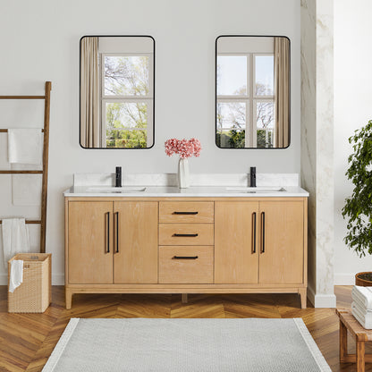 Vinnova, Gara 72" Free-standing Double Bath Vanity in Washed Ash Grey with White Grain Composite Stone Top and Mirror