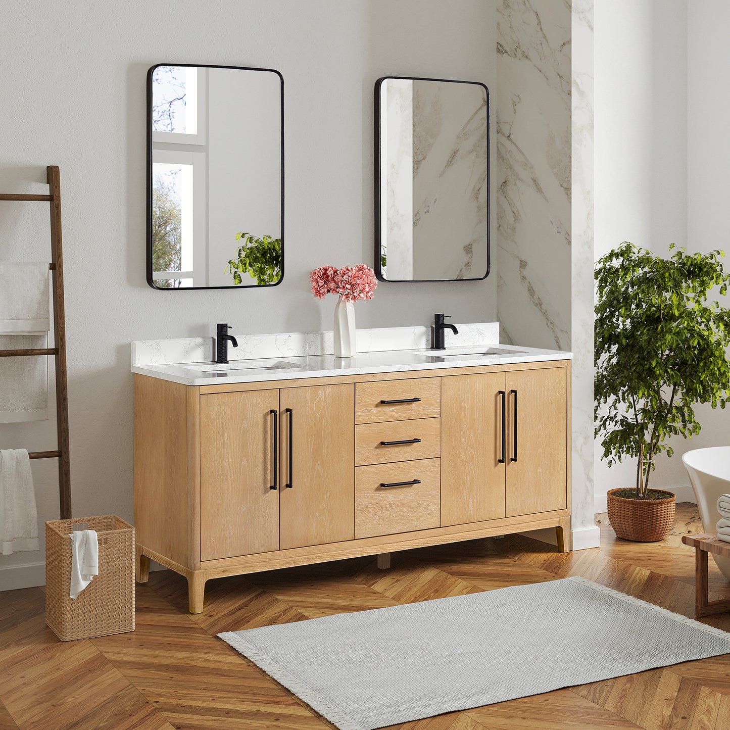 Vinnova, Gara 72" Free-standing Double Bath Vanity in Washed Ash Grey with White Grain Composite Stone Top and Mirror