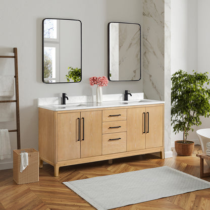 Vinnova, Gara 72" Free-standing Double Bath Vanity in Washed Ash Grey with White Grain Composite Stone Top and Mirror