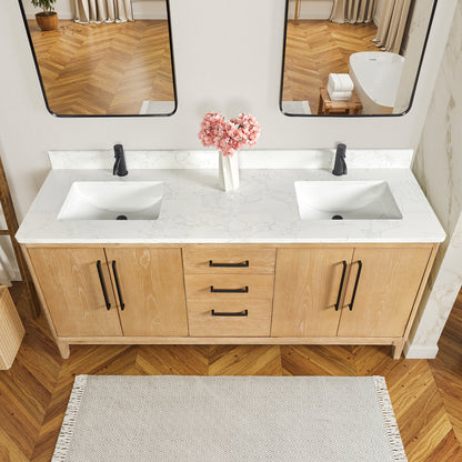 Vinnova, Gara 72" Free-standing Double Bath Vanity in Washed Ash Grey with White Grain Composite Stone Top and Mirror