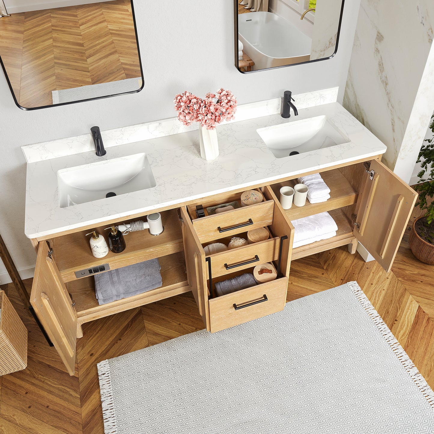 Vinnova, Gara 72" Free-standing Double Bath Vanity in Washed Ash Grey with White Grain Composite Stone Top and Mirror