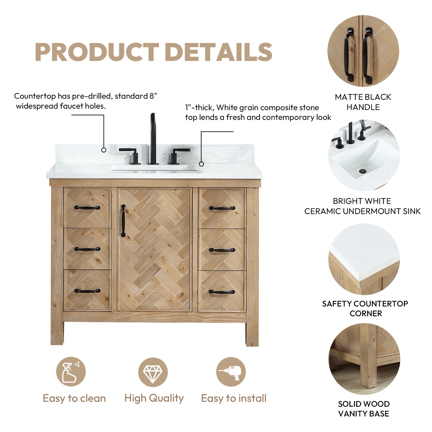 Vinnova, Javier 42" Free-standing Single Bath Vanity in Spruce Antique Brown with White Grain Composite Stone Top