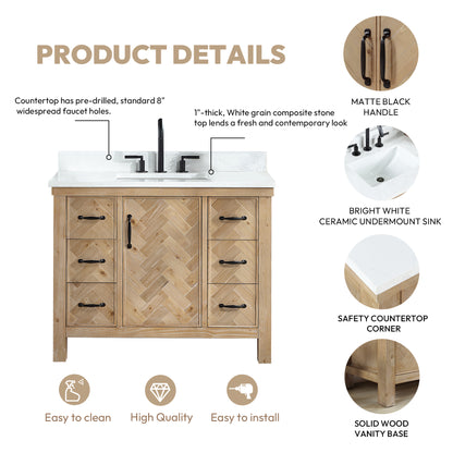 Vinnova, Javier 42" Free-standing Single Bath Vanity in Spruce Antique Brown with White Grain Composite Stone Top