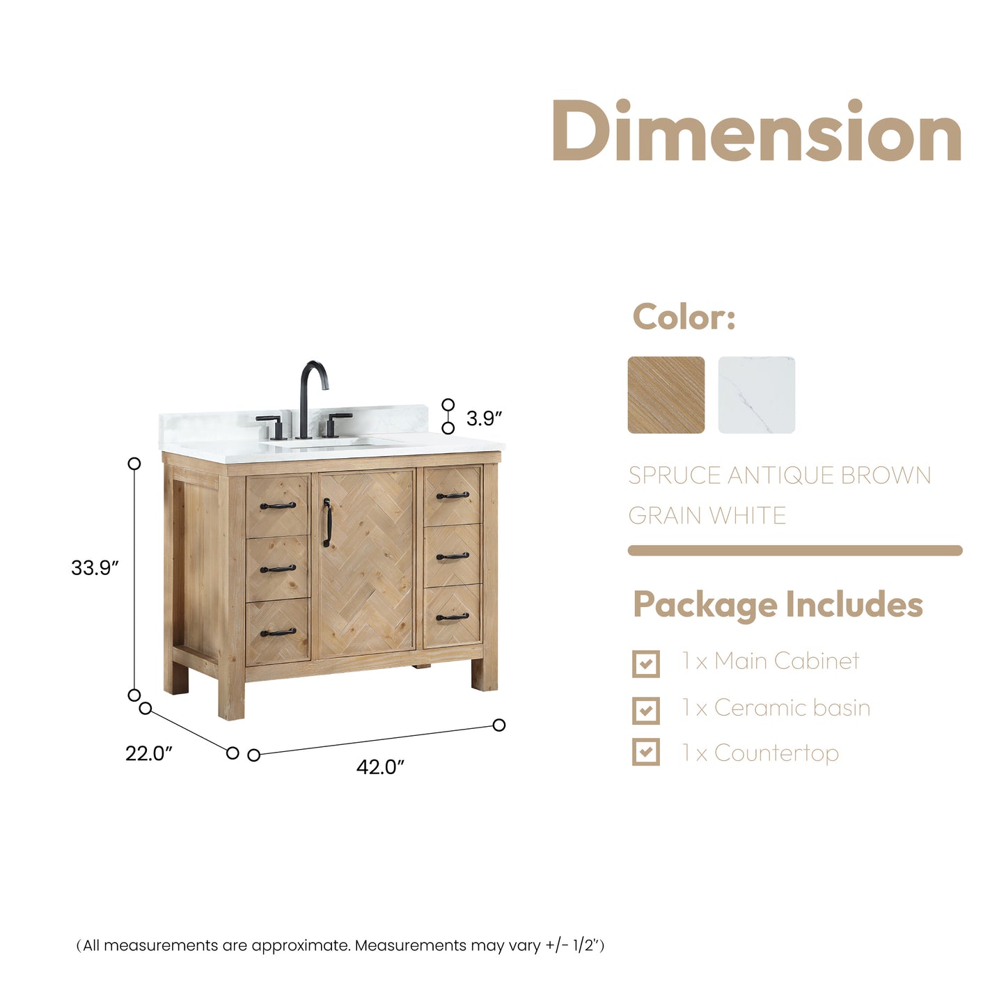 Vinnova, Javier 42" Free-standing Single Bath Vanity in Spruce Antique Brown with White Grain Composite Stone Top