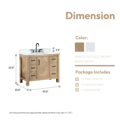 Vinnova, Javier 42" Free-standing Single Bath Vanity in Spruce Antique Brown with White Grain Composite Stone Top