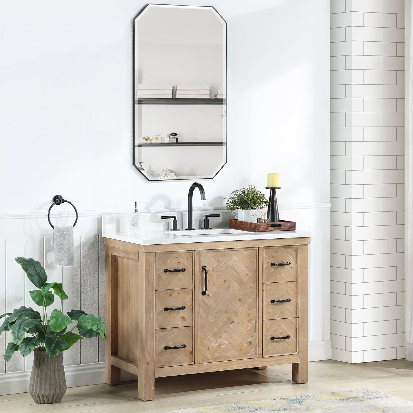 Vinnova, Javier 42" Free-standing Single Bath Vanity in Spruce Antique Brown with White Grain Composite Stone Top