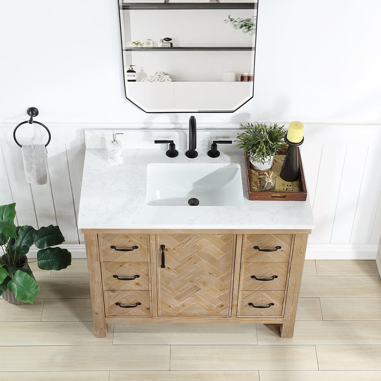 Vinnova, Javier 42" Free-standing Single Bath Vanity in Spruce Antique Brown with White Grain Composite Stone Top