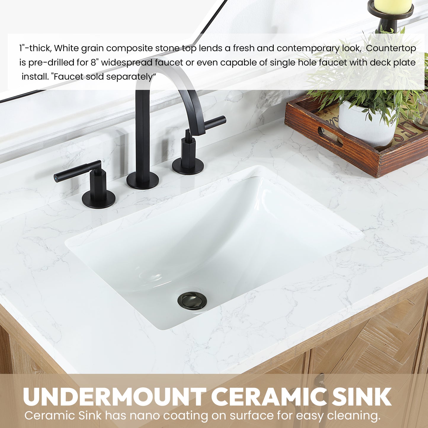 Vinnova, Javier 42" Free-standing Single Bath Vanity in Spruce Antique Brown with White Grain Composite Stone Top