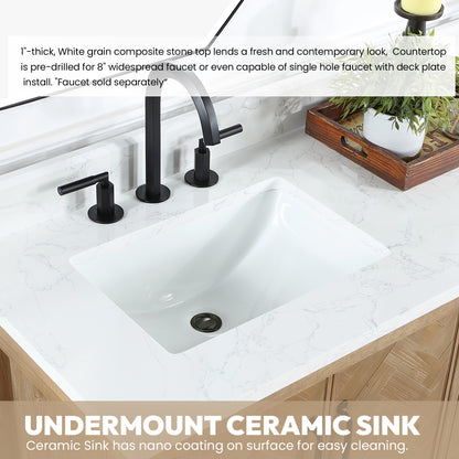 Vinnova, Javier 42" Free-standing Single Bath Vanity in Spruce Antique Brown with White Grain Composite Stone Top