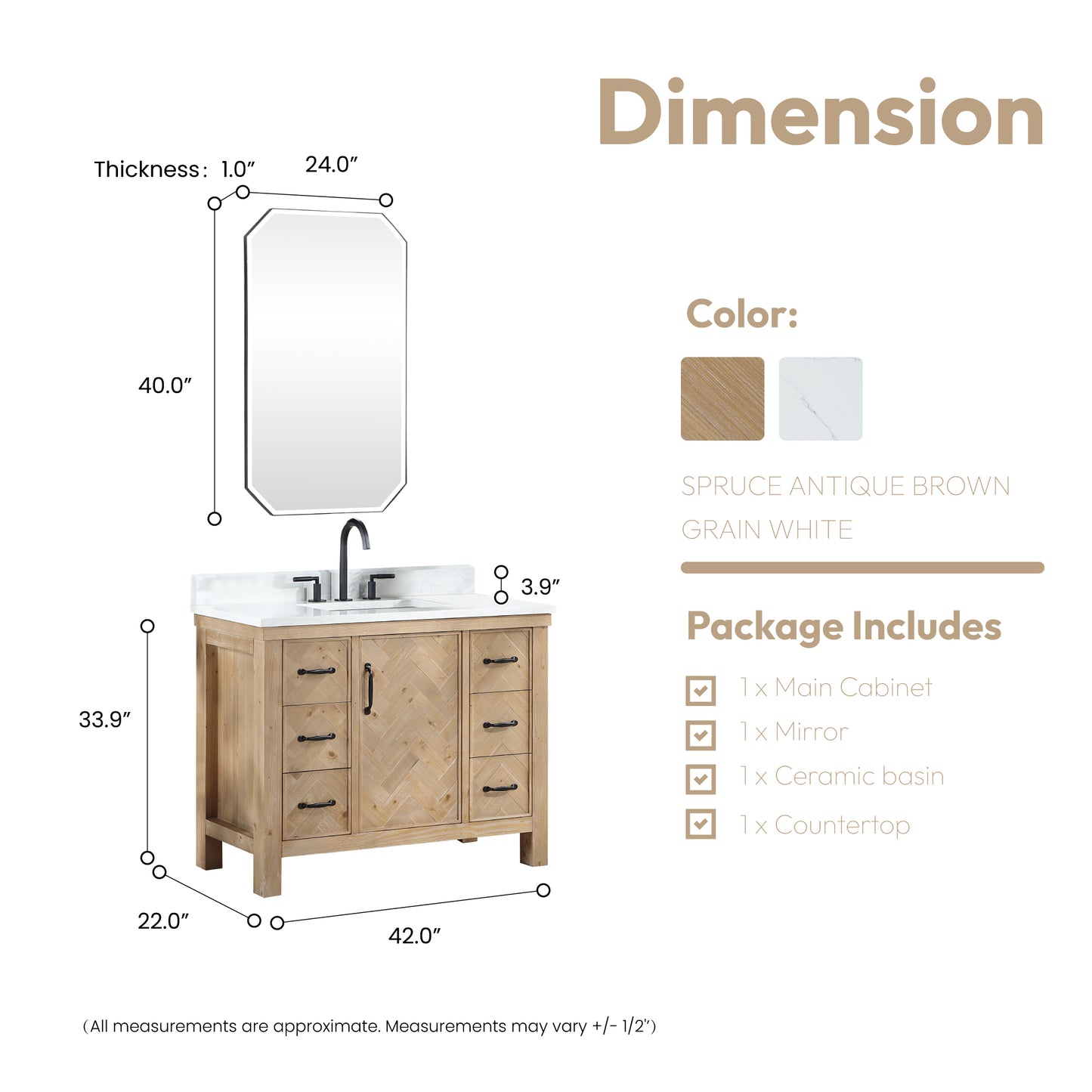 Vinnova, Javier 42" Free-standing Single Bath Vanity in Spruce Antique Brown with White Grain Composite Stone Top and Mirror