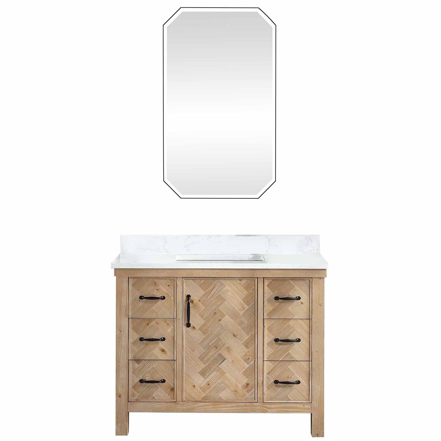 Vinnova, Javier 42" Free-standing Single Bath Vanity in Spruce Antique Brown with White Grain Composite Stone Top and Mirror