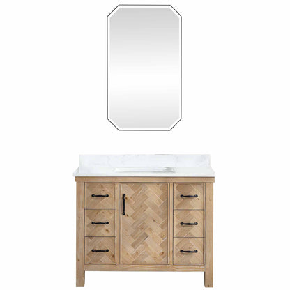 Vinnova, Javier 42" Free-standing Single Bath Vanity in Spruce Antique Brown with White Grain Composite Stone Top and Mirror
