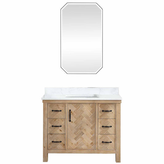 Vinnova, Javier 42" Free-standing Single Bath Vanity in Spruce Antique Brown with White Grain Composite Stone Top and Mirror