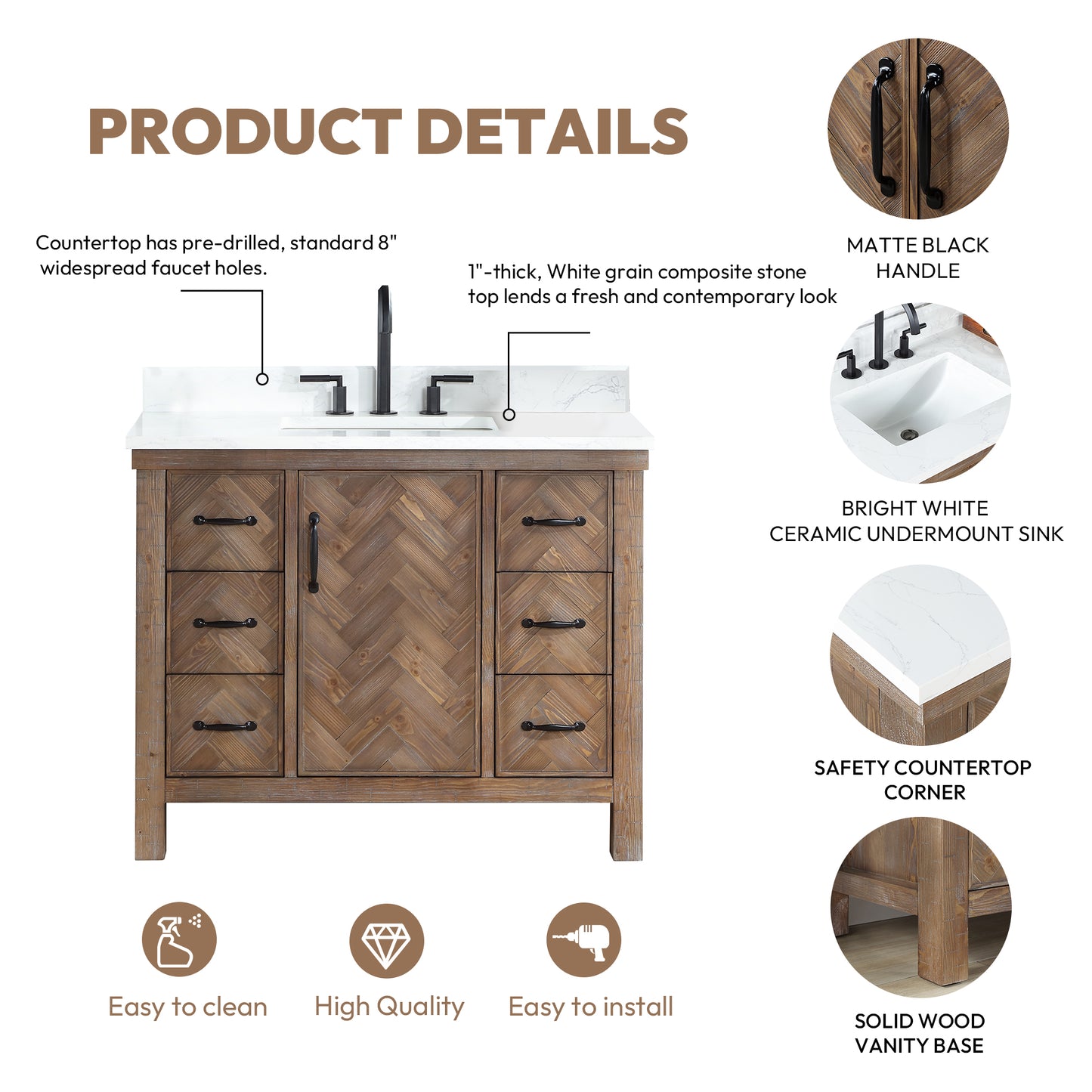 Vinnova, Javier 42" Free-standing Single Bath Vanity in Spruce Antique Gray with White Grain Composite Stone Top