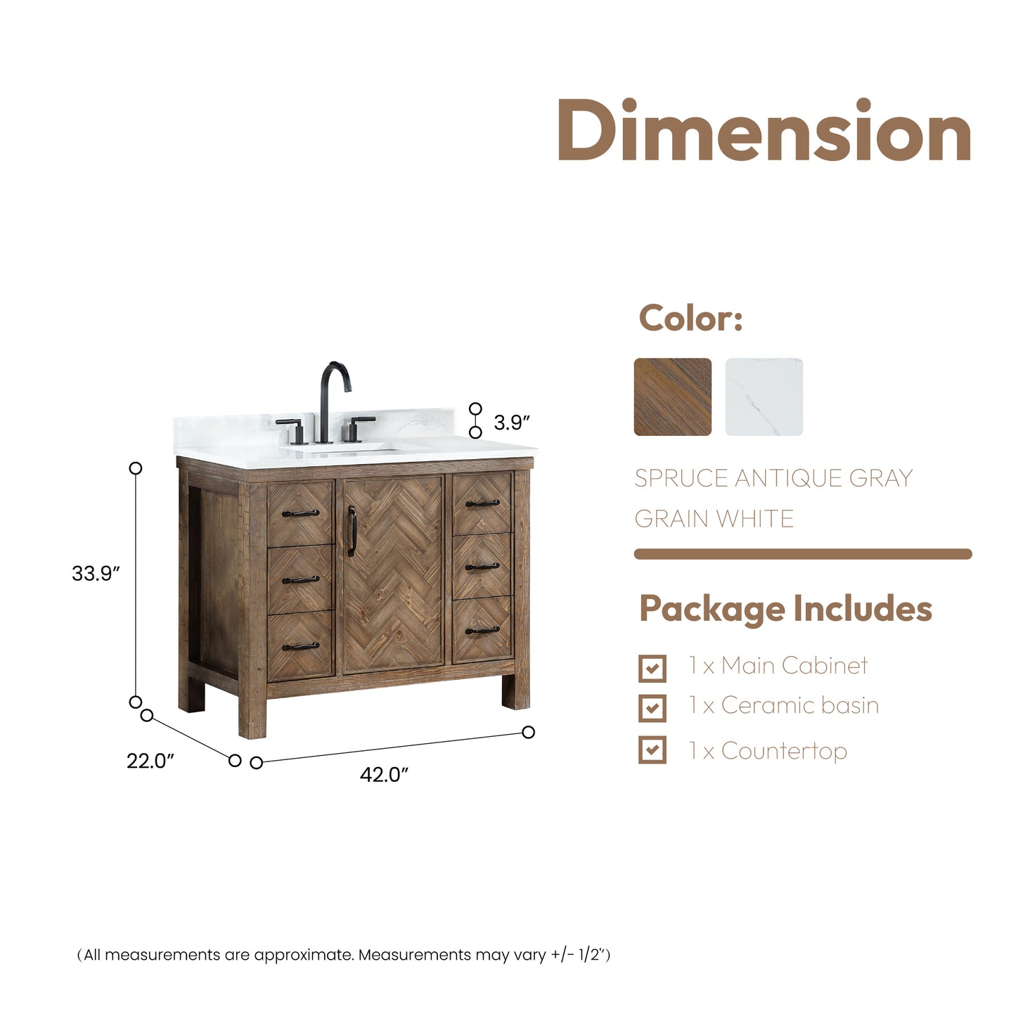 Vinnova, Javier 42" Free-standing Single Bath Vanity in Spruce Antique Gray with White Grain Composite Stone Top