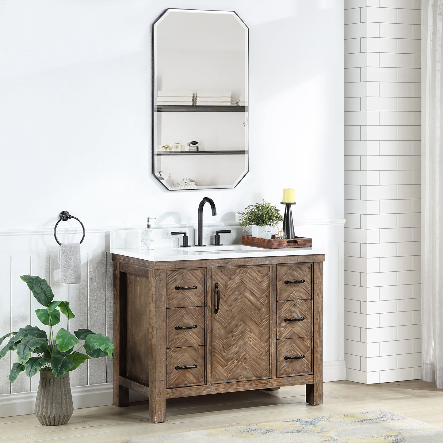 Vinnova, Javier 42" Free-standing Single Bath Vanity in Spruce Antique Gray with White Grain Composite Stone Top